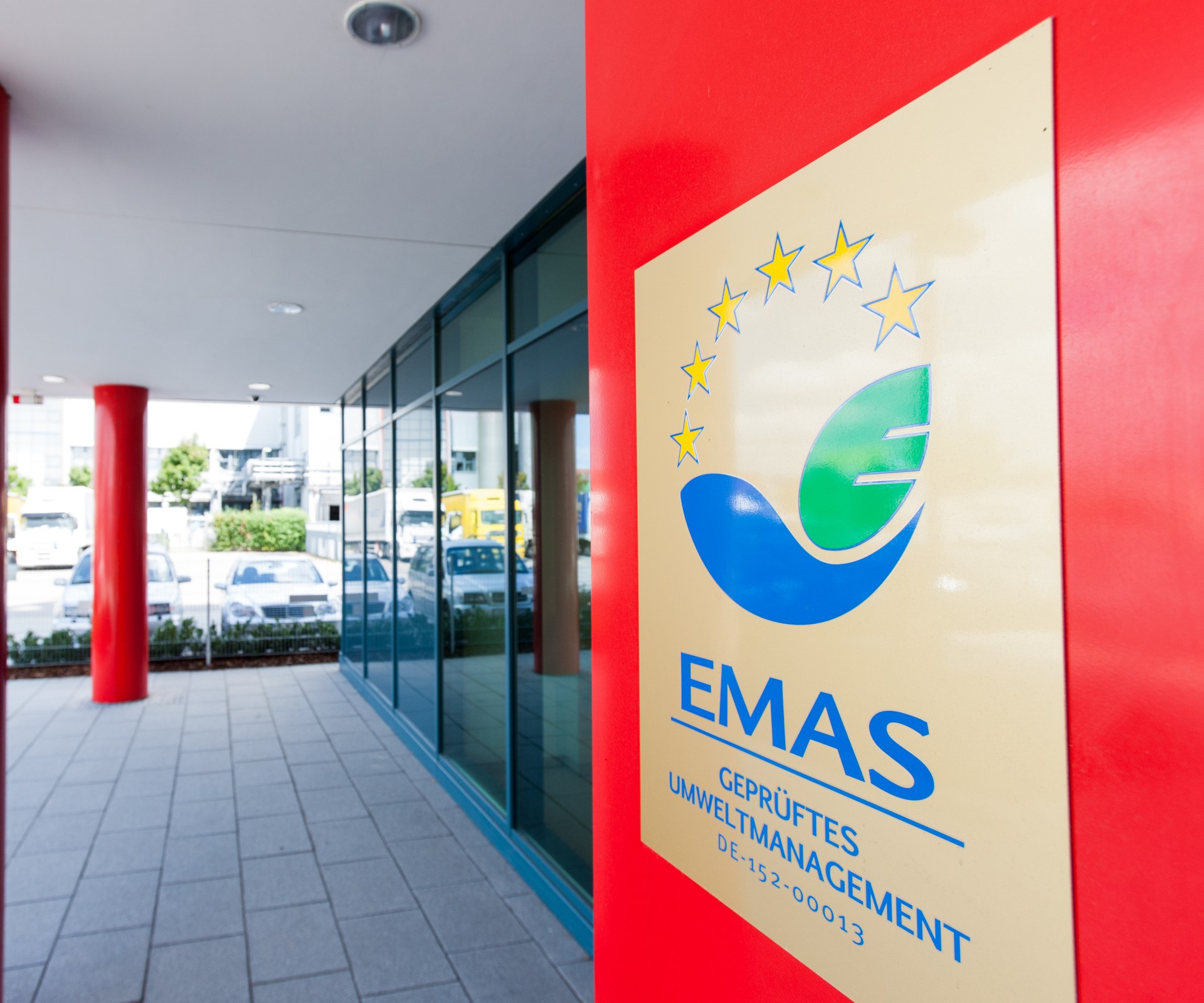 EMAS certification logo on the door of the headquarters	