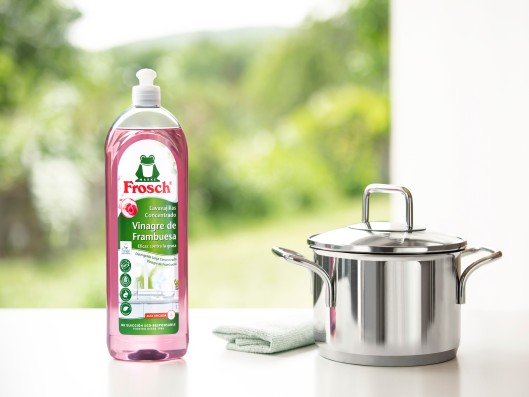 Frosch dishwashing gel raspberry stands next to a pot in front of a window