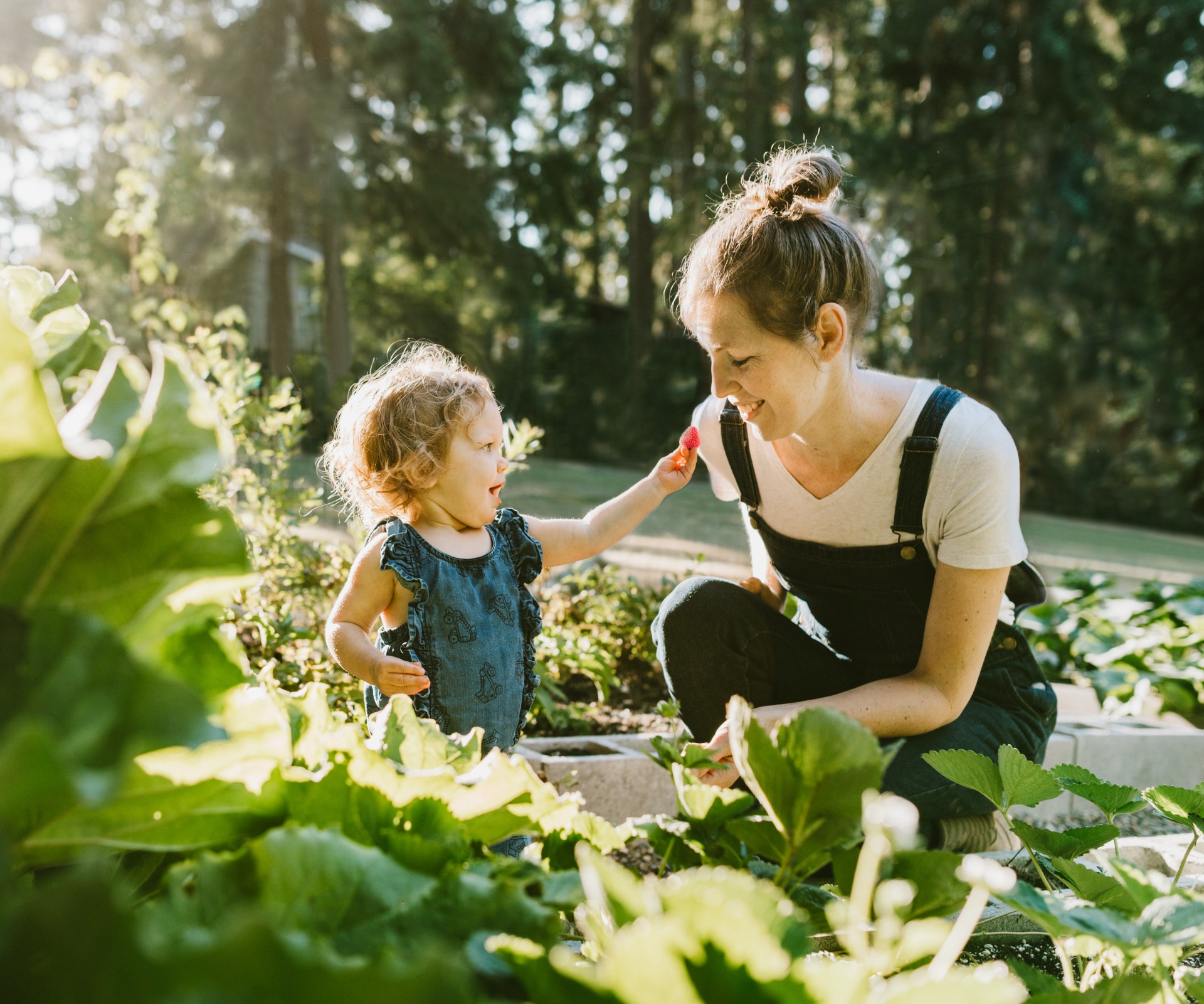 Smiling mother in a green patch with her little child who smilingly stretches a strawberry towards her	